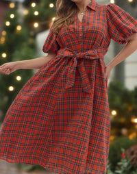 entro Plaid Puff Sleeve Midi Dress With Waist Tie - Plus in holiday red - women's dress - view 5
