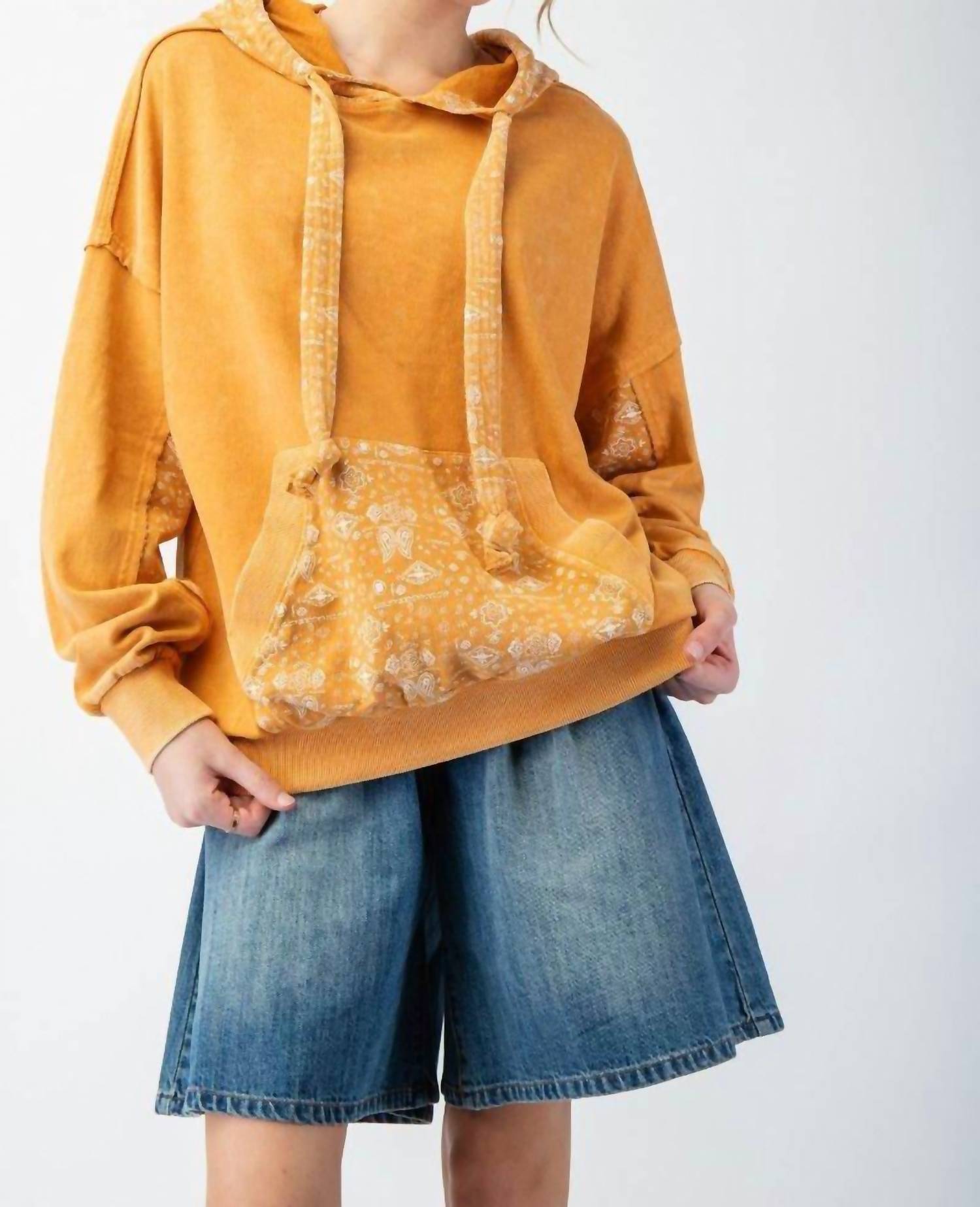 SurelyMine Mineral Wash Bandana Pocket Hoodie Sweatshirt in marigold - women's top - detail view