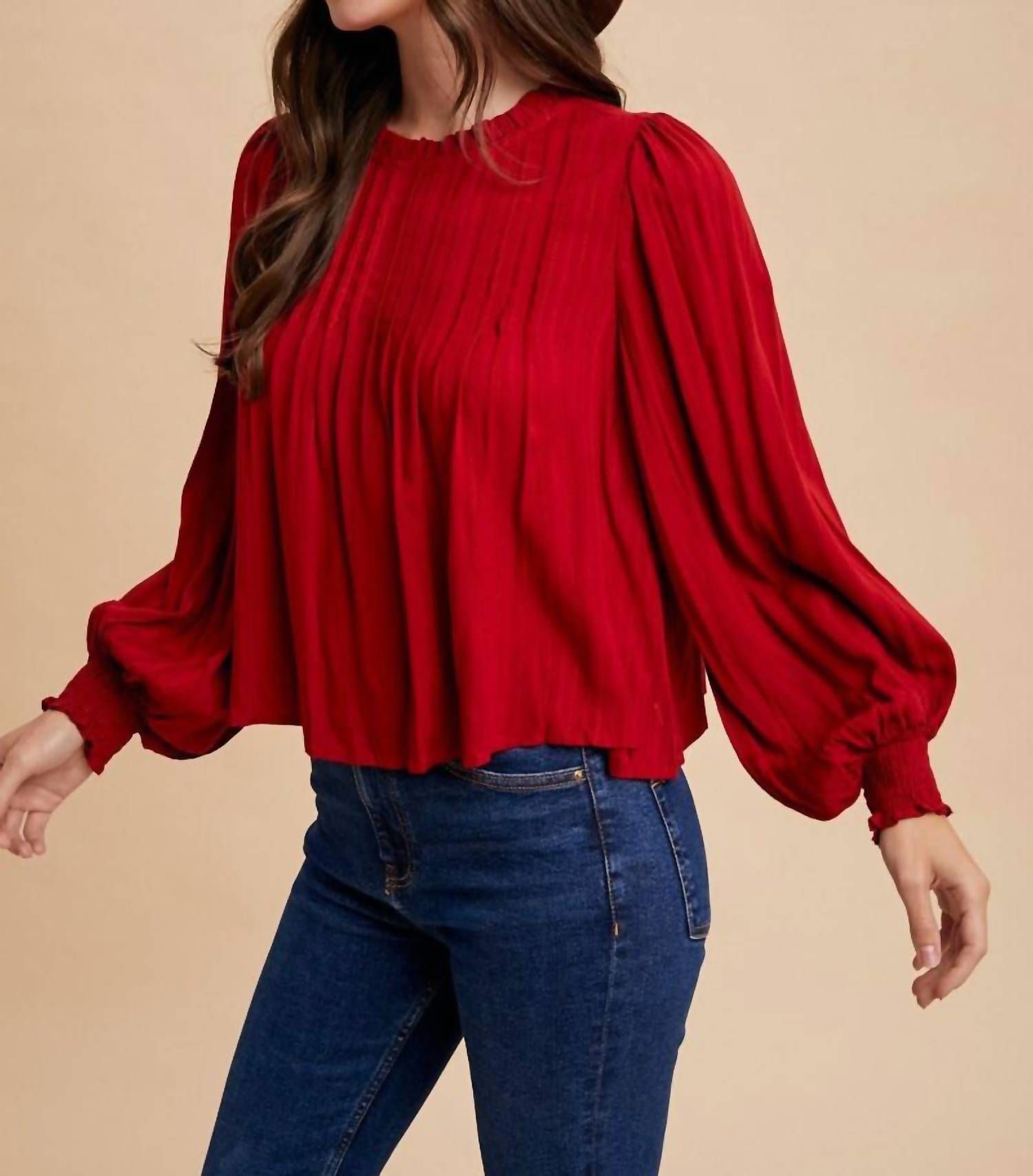 Vanilla Monkey Woven Pintuck Detail Blouse in dark red - women's blouse
