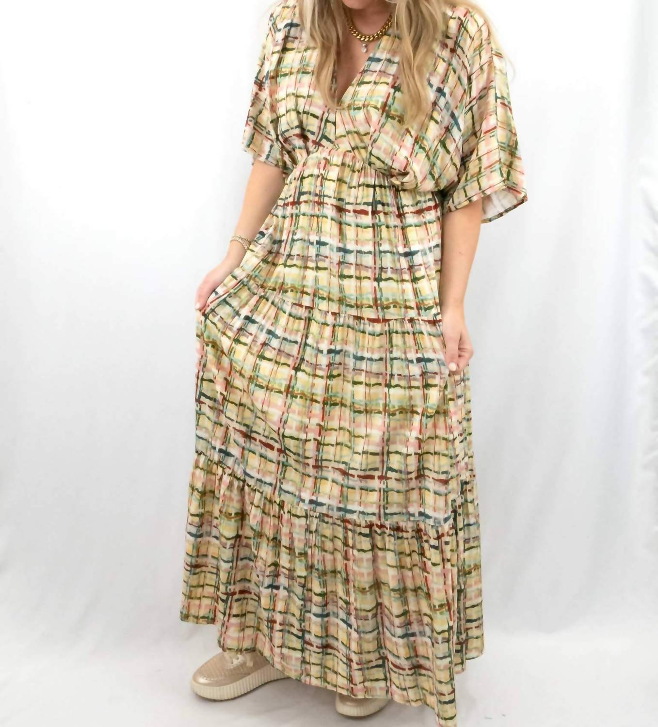 entro Plaid V-neck Maxi Dress in multi color - women's dress - alternate view