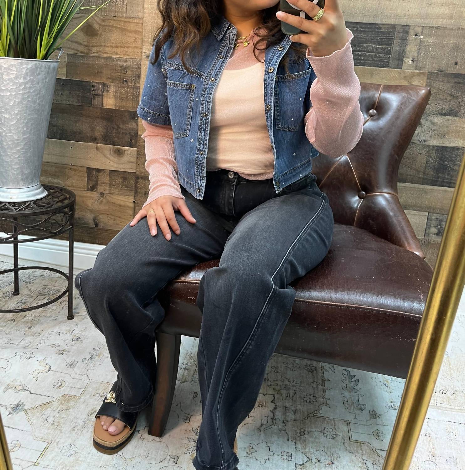 Cozy Co. - Rhinestone Washed Denim Short Sleeve Shrug Top