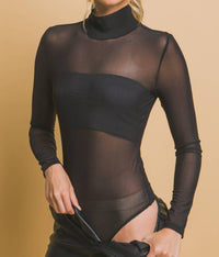 LOVE TREE Ethereal Sheer Long Sleeve Bodysuit in black - women's shirt