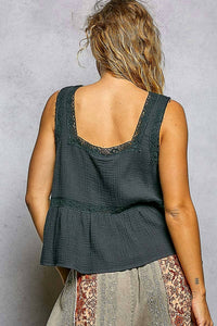 Pol - Double Gauze Floral Shirring Square Neck Sleeveless Top