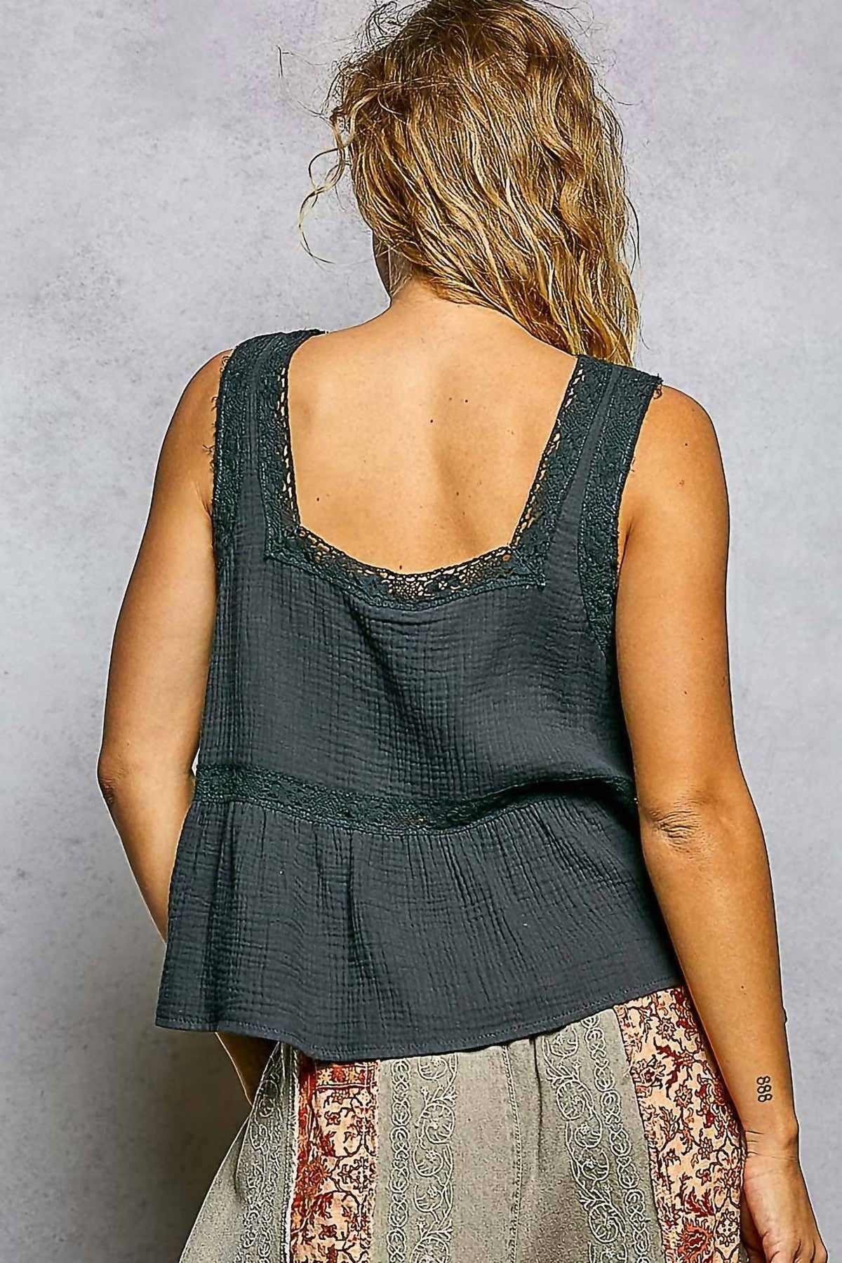 Pol - Double Gauze Floral Shirring Square Neck Sleeveless Top