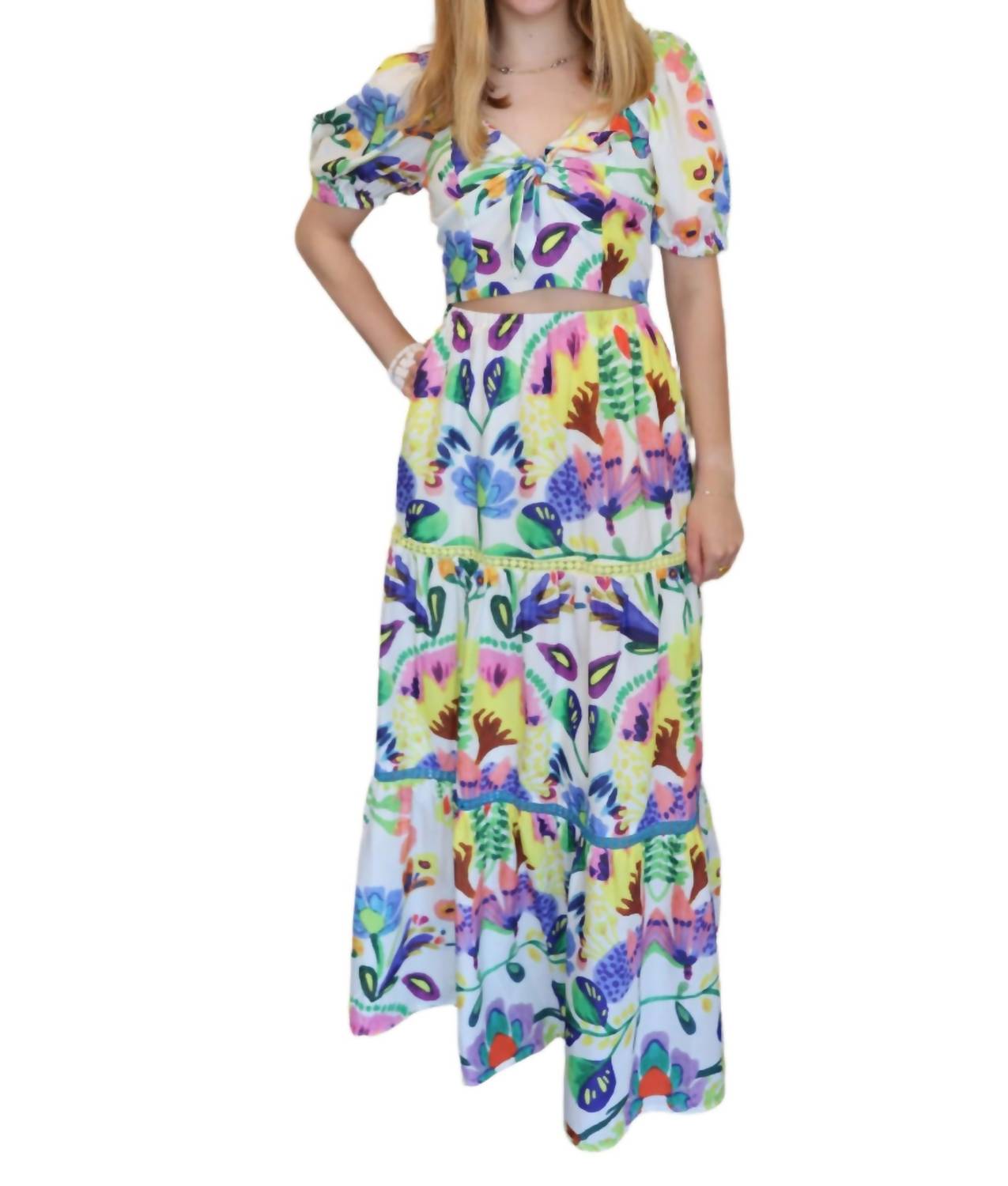 Joy Joy Tie Bustier Crop Top in island art - women's shirt - detail view