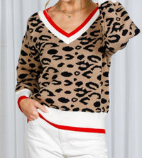 Vine & Love - Leopard Pattern V-neck Contrast Rib Knit Sweater