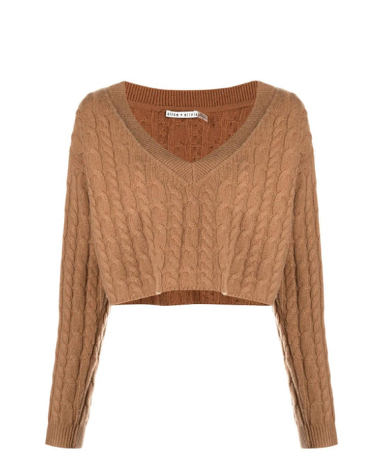 Ayden V-Neck Cable Knit Pullover Cropped Top Sweater