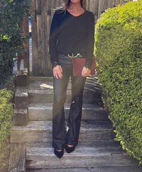 Femme Fatale Kari Long Sleeve V Neck Tee in black - women's long sleeve top - detail view