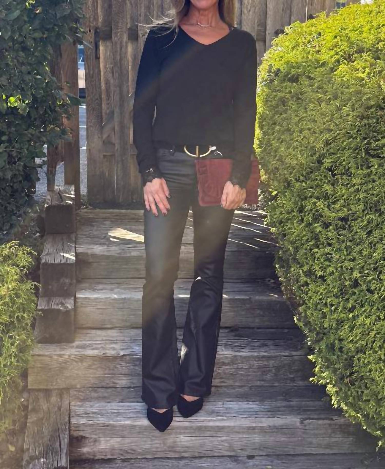 Femme Fatale Kari Long Sleeve V Neck Tee in black - women's long sleeve top - detail view