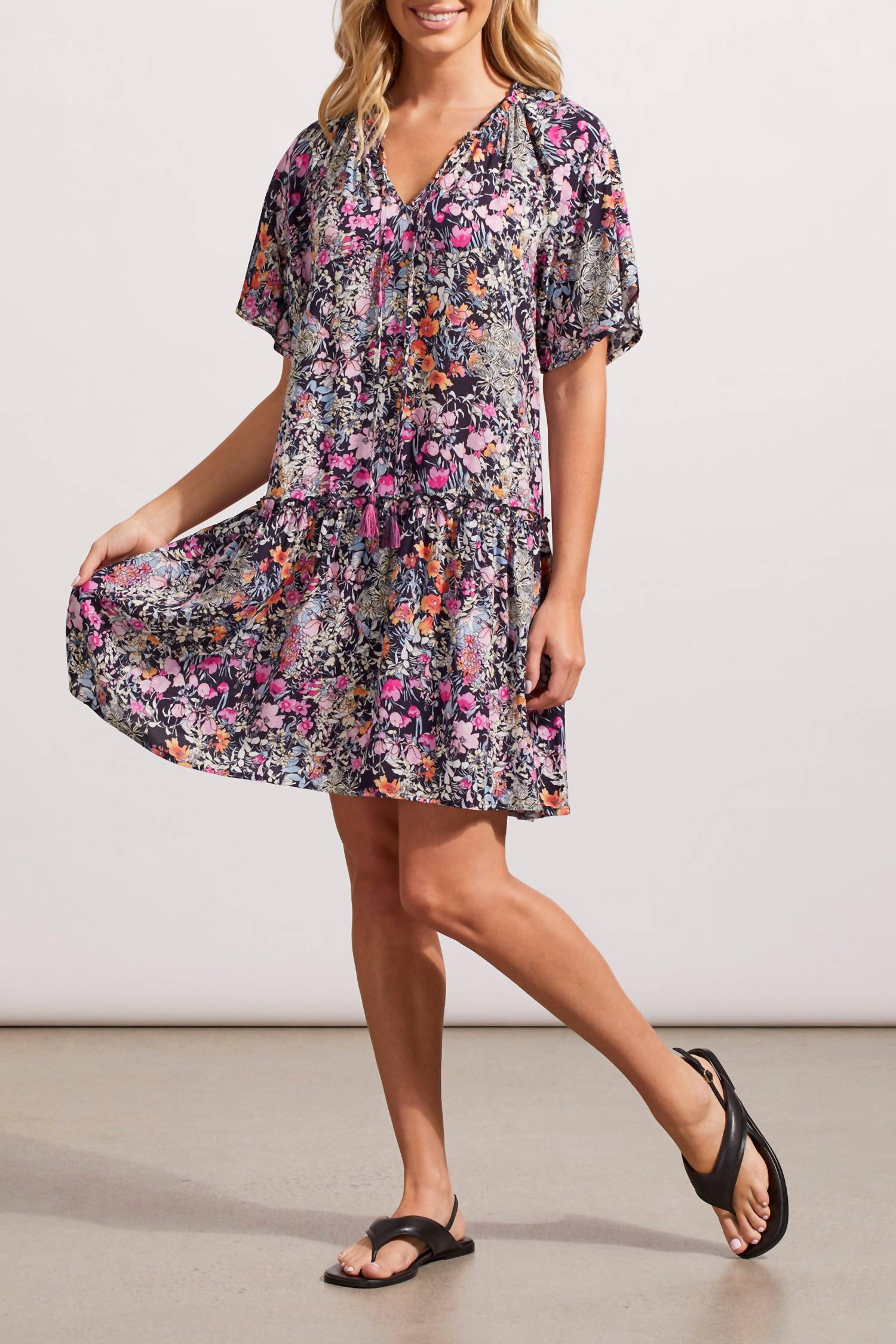 Tribal - Raglan Sleeve V-neck Tiered Dress
