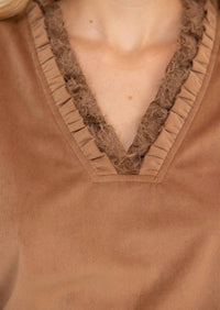 Voy - Fuzzy Lace Long Sleeve Ruffle Detailed Corduroy Top