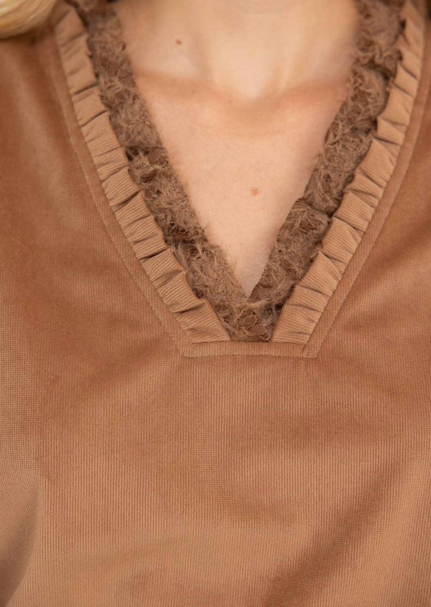 Voy - Fuzzy Lace Long Sleeve Ruffle Detailed Corduroy Top
