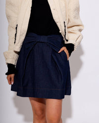 THML Denim Bow Skirt in navy - women's skirt - detail view