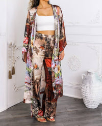 Surelymine - Golden Hour Boho Luxe Kimono Set Printed Duster & Wide-leg Pants