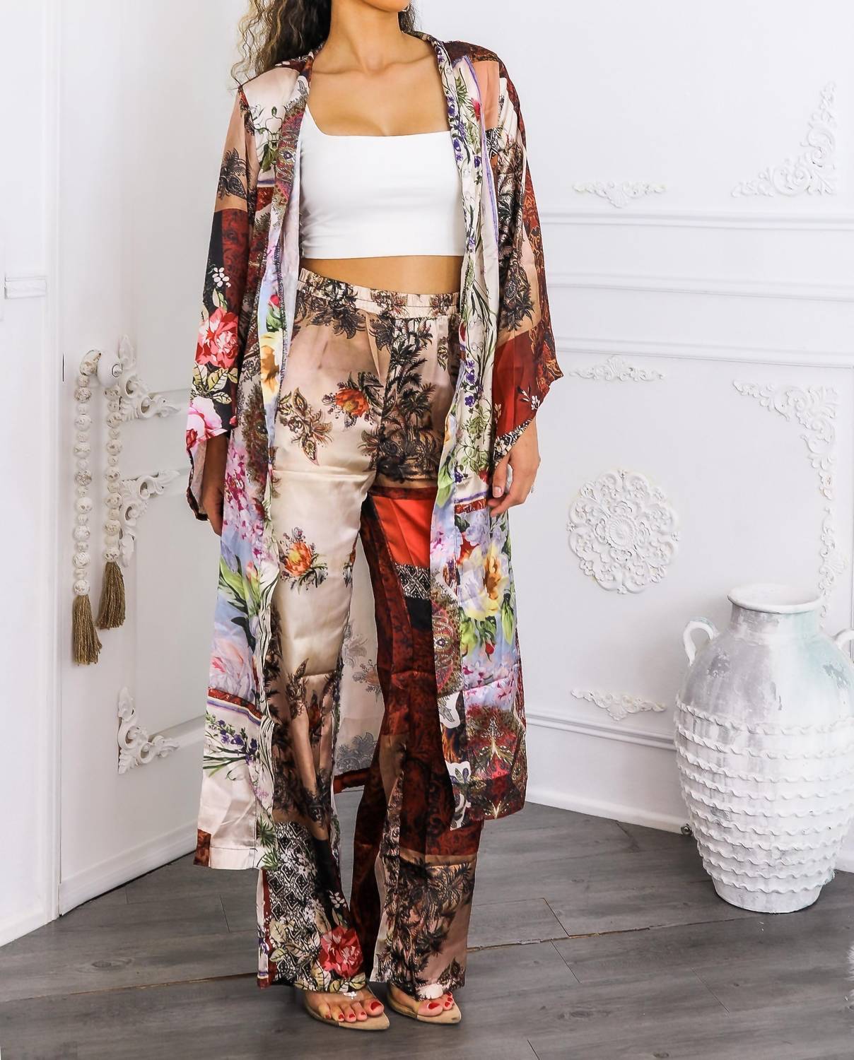 Surelymine - Golden Hour Boho Luxe Kimono Set Printed Duster & Wide-leg Pants