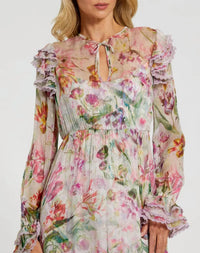 Mac Duggal - Long Sleeve Ruffle Detail Floral Shift Dress