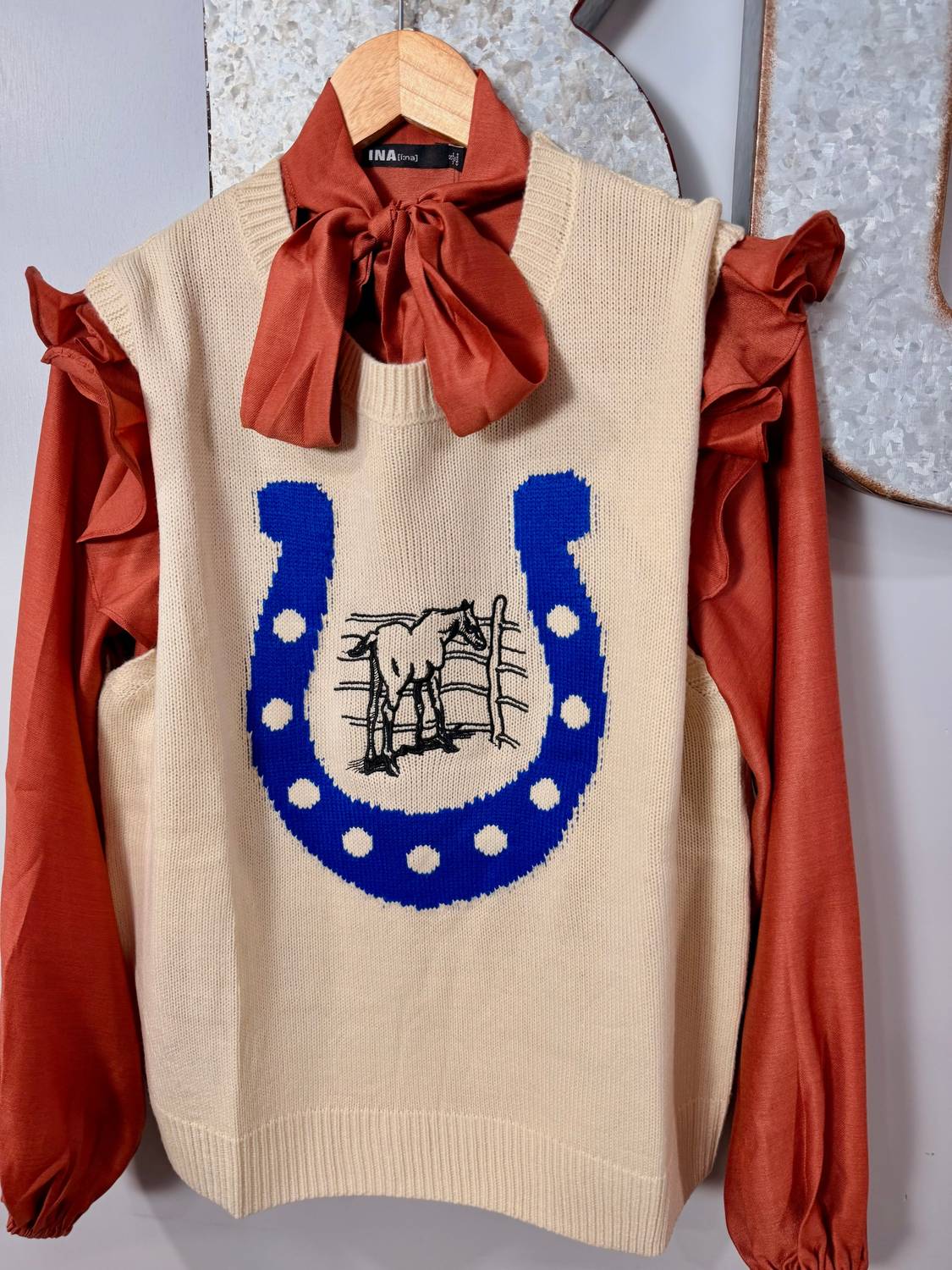 2FlyCo Women's Get Lucky Oversized Sweater Vest in creamy beige blue - women's sweater