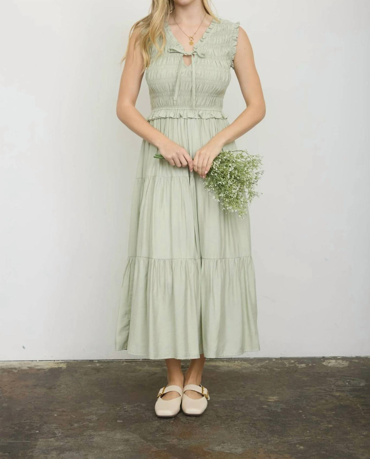 Blu Pepper - Smocked Front Tie Ruffle Detail Tiered Midi Dress
