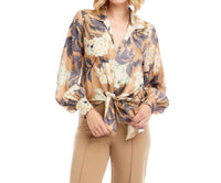 Karen Kane Blouson Sleeve Satin Tie-front Top - Petite in print - women's blouse