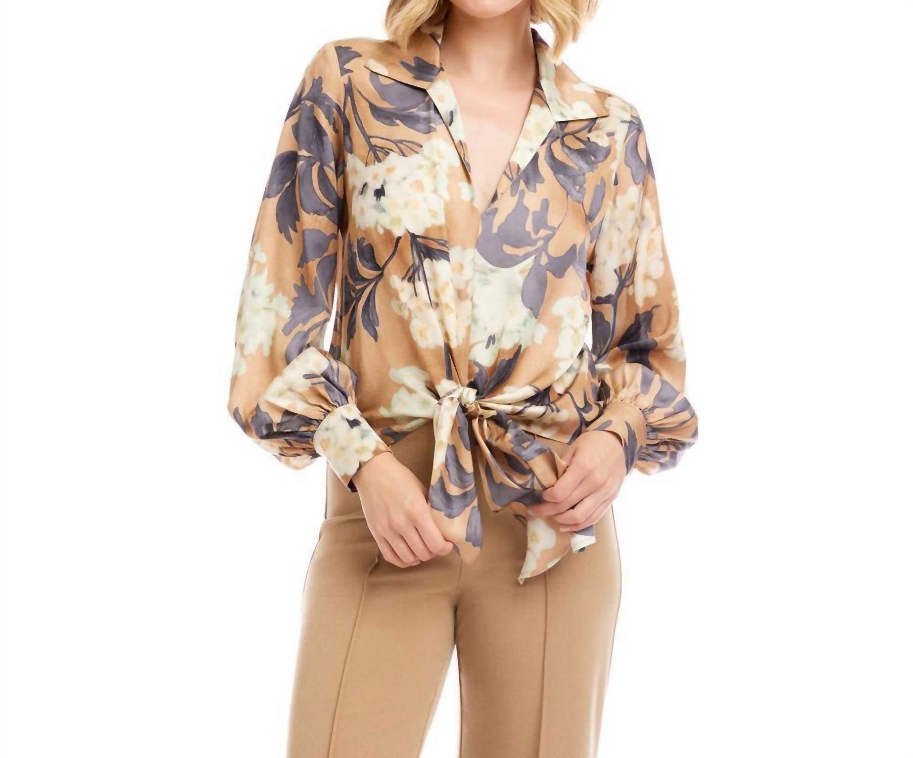 Karen Kane Blouson Sleeve Satin Tie-front Top - Petite in print - women's blouse