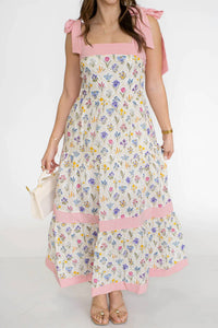 Unishe - Floral Print Striped Detail Knot Straps Maxi Dress
