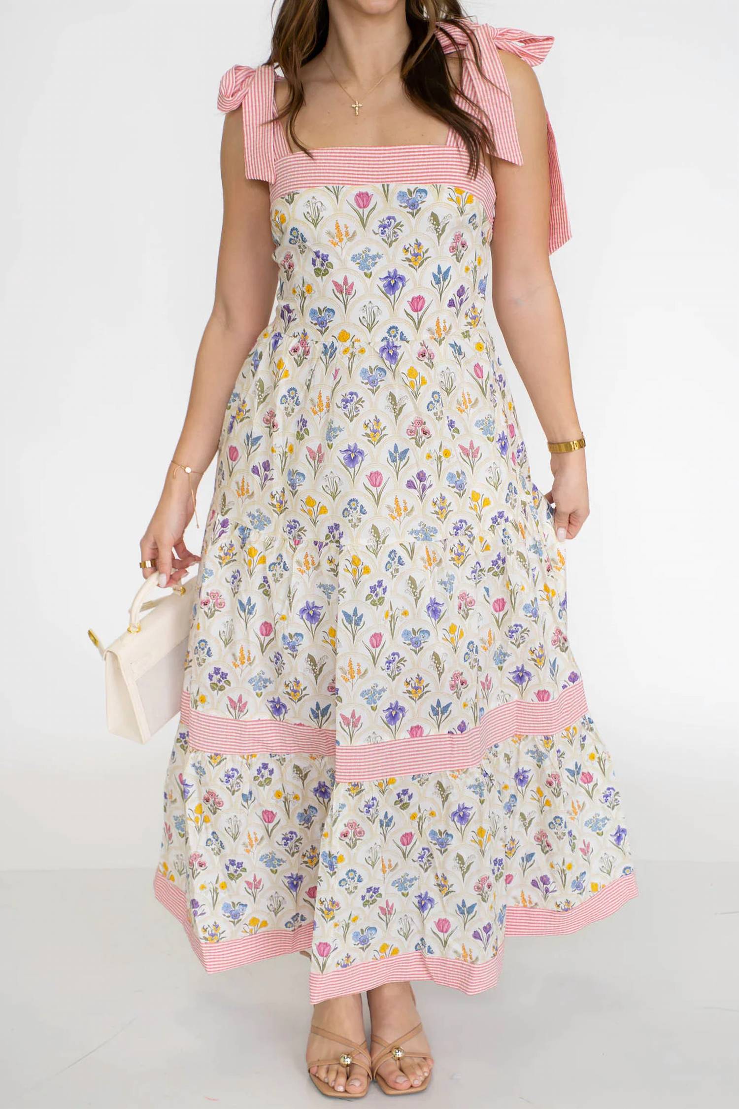 Unishe - Floral Print Striped Detail Knot Straps Maxi Dress