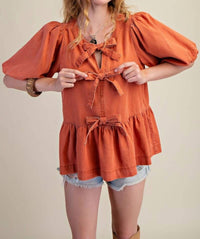 Easel - Bow Front Denim Peplum Blouse