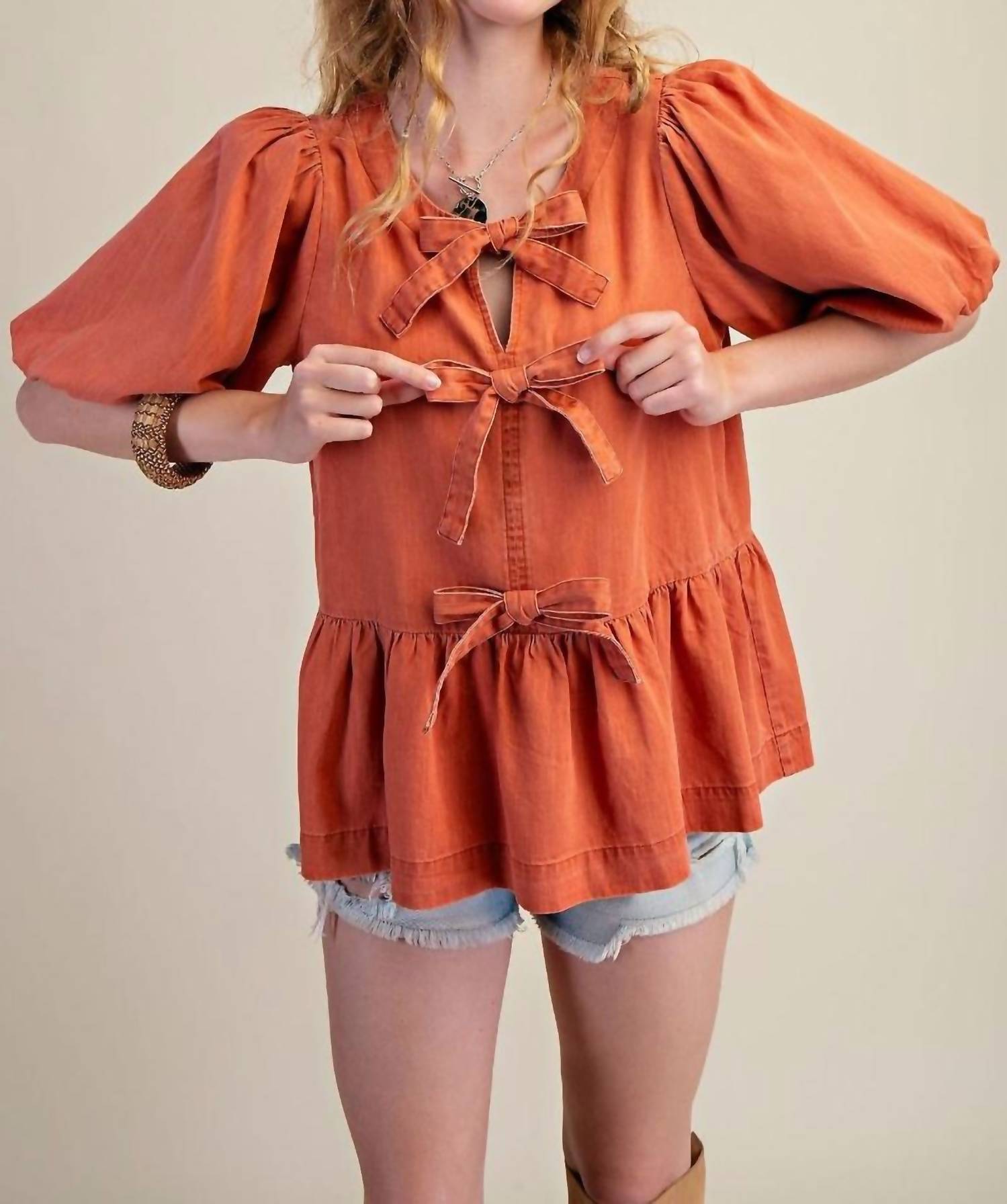 Easel - Bow Front Denim Peplum Blouse