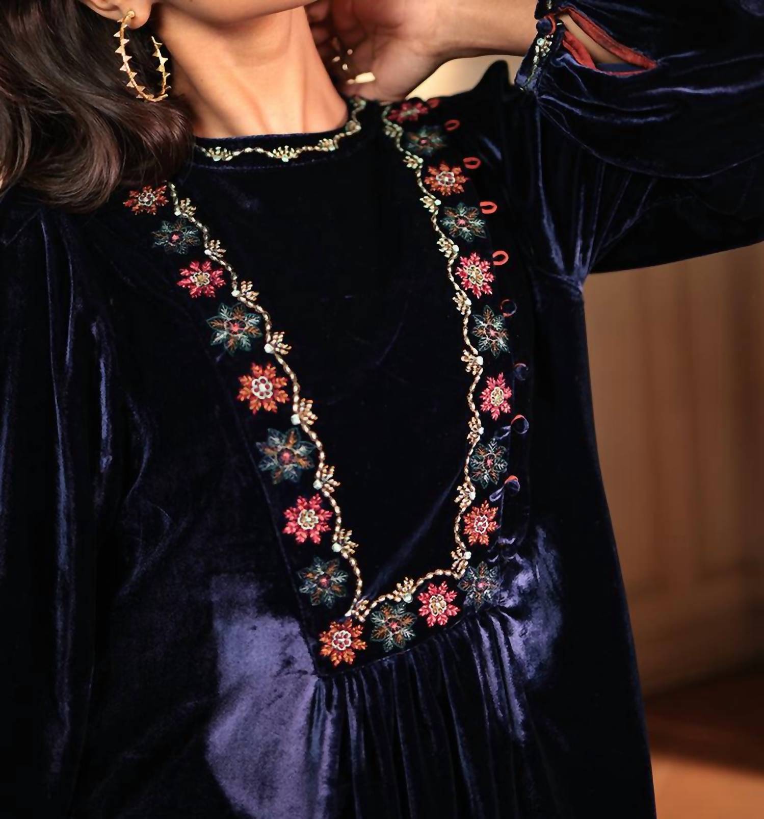 Ornaete Beatrix Velvet Dress With Bahar Embroidery in night - women's dress - alternate view