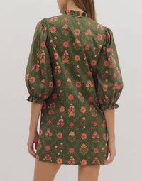 Entro - Floral Print 3/4 Sleeve Dress With Contrast Trim