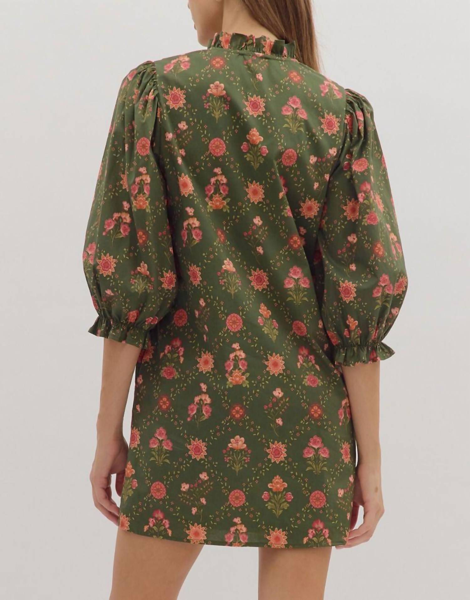 Entro - Floral Print 3/4 Sleeve Dress With Contrast Trim