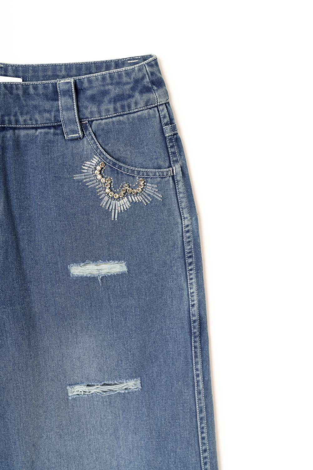 Sasha+Z - Women's Stone Embossed & Distressed Denim Pant