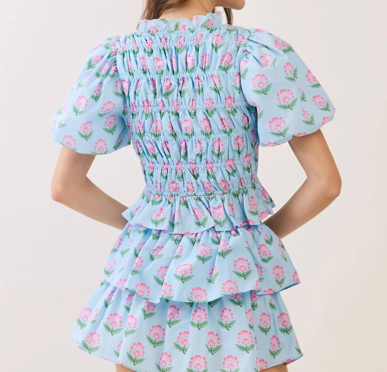 Tcec - Floral Print Ruffle Trim Puff Sleeve Tie Front Top
