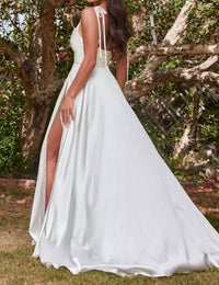 Ladivine Leg Slit Satin A-line Dress in off white - women's dress - detail view