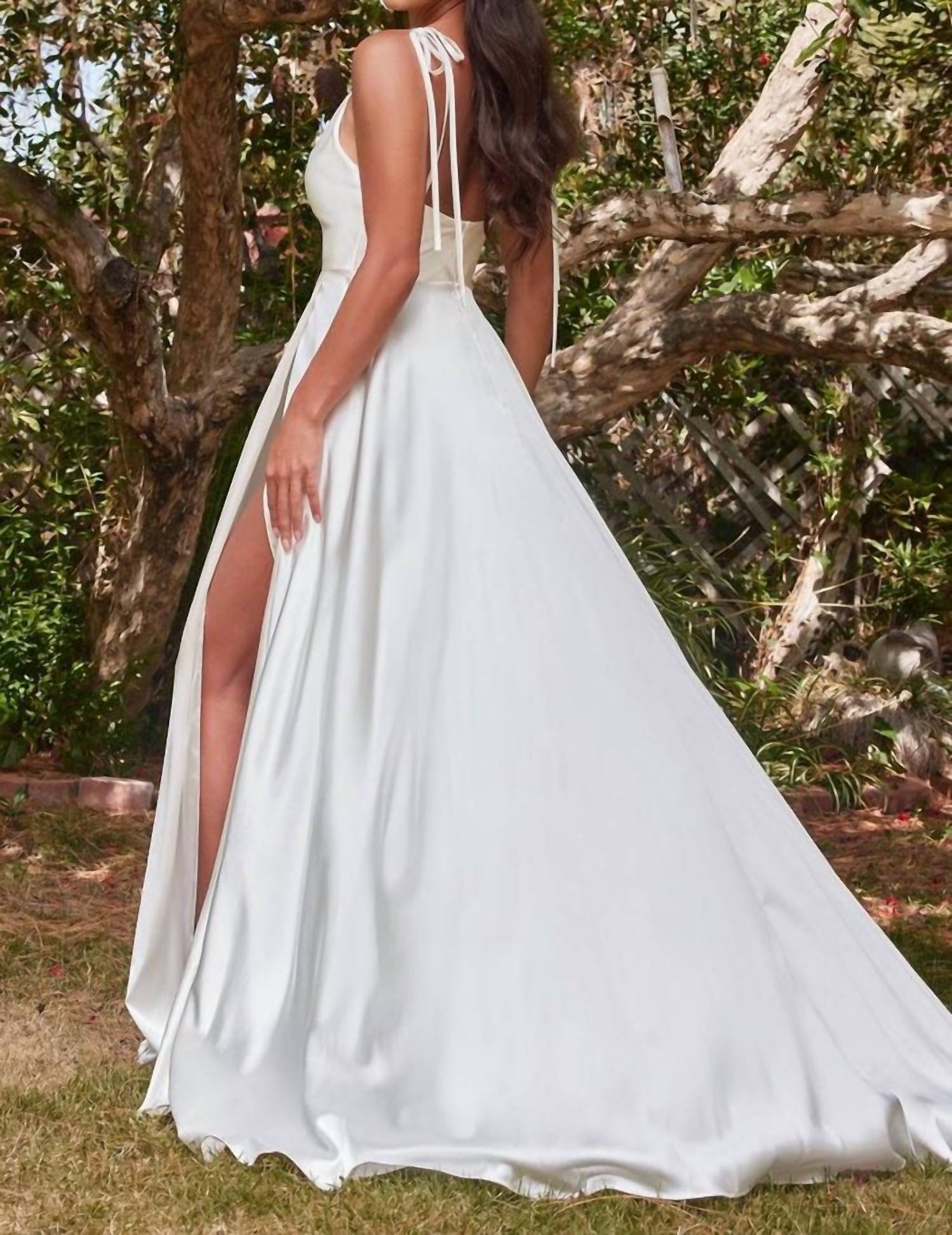 Ladivine Leg Slit Satin A-line Dress in off white - women's dress - detail view