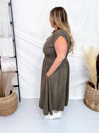 She + Sky - Short Sleeve Smocked Waist Front Zip Midi Dress