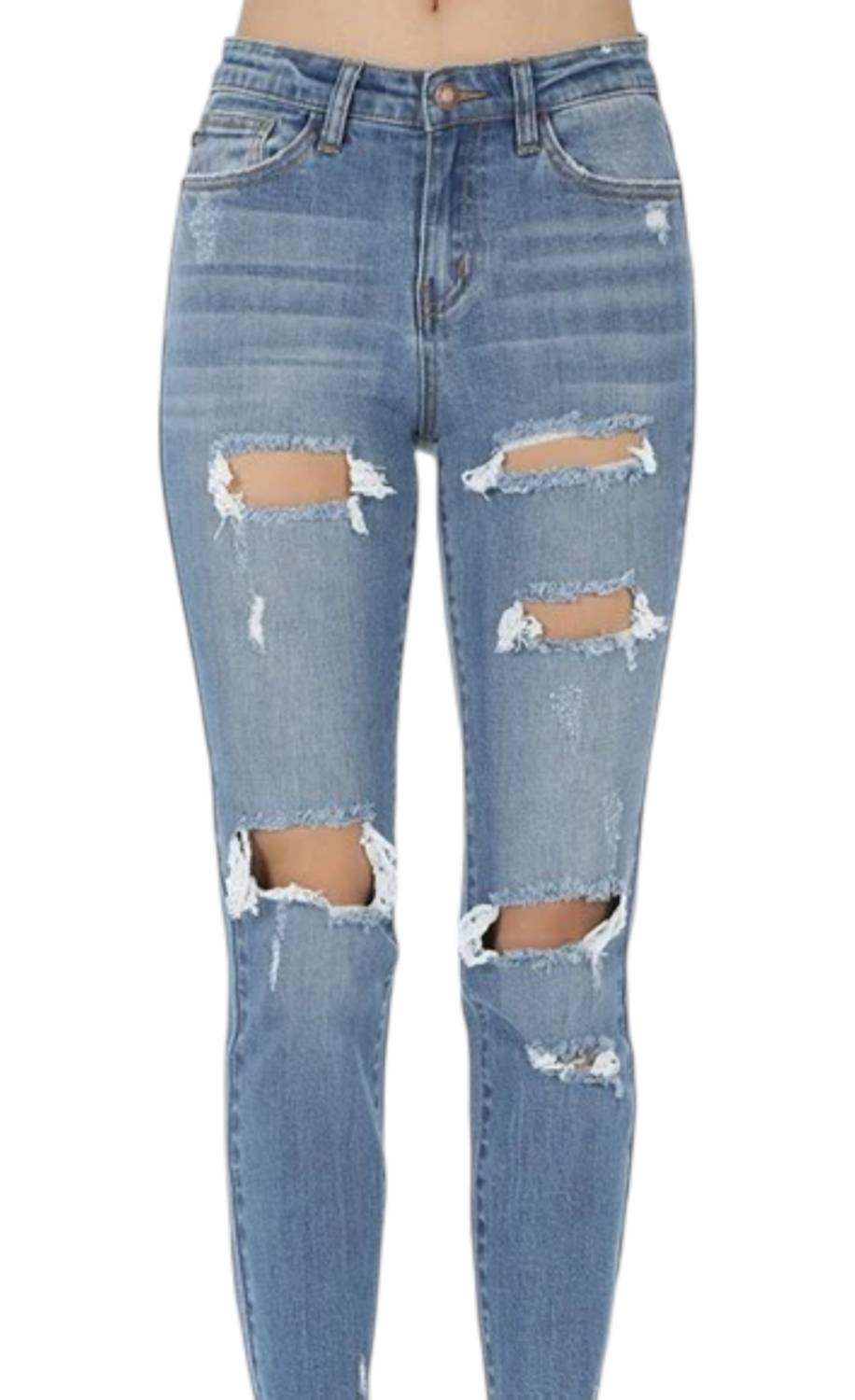Judy Blue Distressed Girlfriend Jeans in denim - women's jeans - detail view