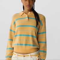 Guest In Residence Collegiate Stripe Polo in residence collegiate stripe polo in sorbet combo - women's long sleeve top - detail view
