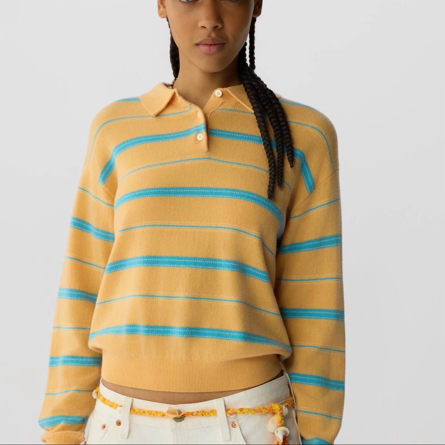 Guest In Residence Collegiate Stripe Polo in residence collegiate stripe polo in sorbet combo - women's long sleeve top - detail view