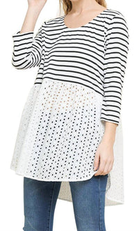 Umgee - Striped & Eyelet Babydoll Top