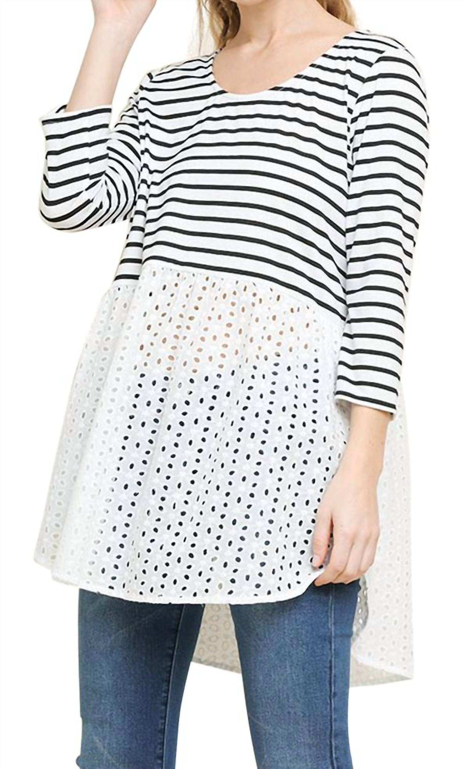 Umgee - Striped & Eyelet Babydoll Top