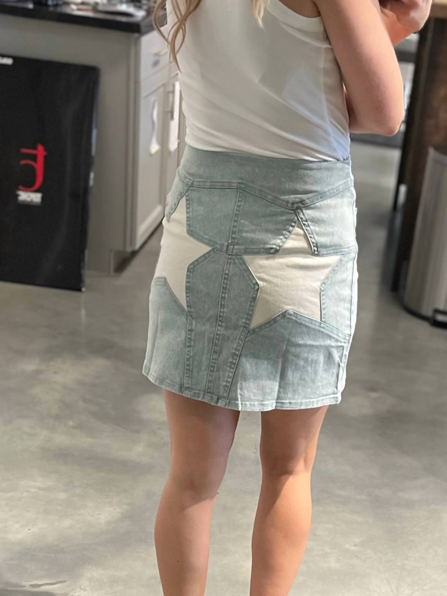 She + Sky - Acid Wash Sage Demin Skirt With Stars On Back
