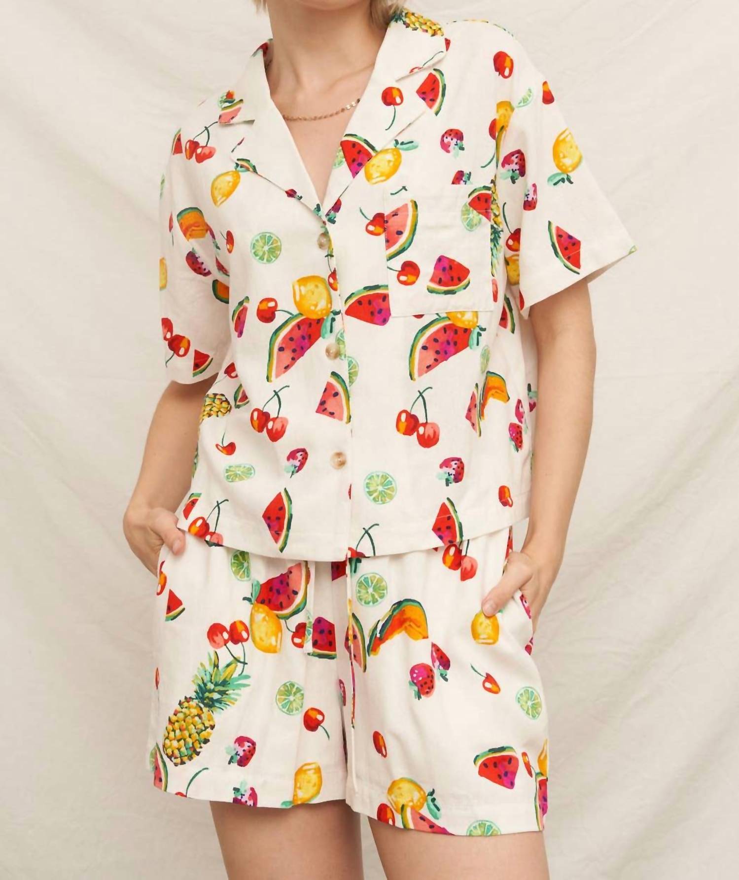 En Creme - Fruit Print Elastic Waistband Shorts