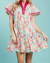 Umgee - Leaf Print Flutter Sleeve Tiered Mini Dress