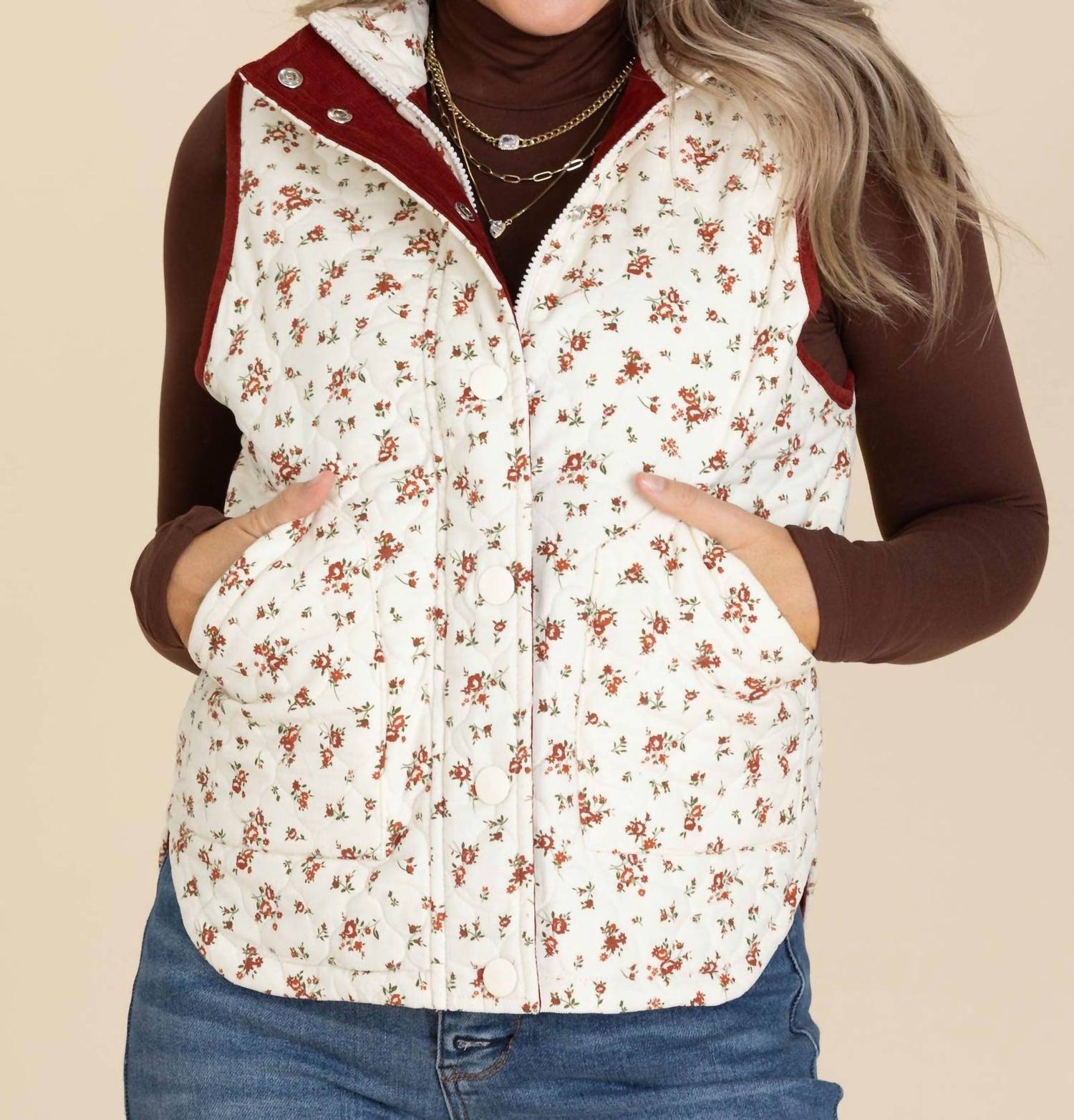 Blu Pepper - Floral Quilted Zip Up Vest