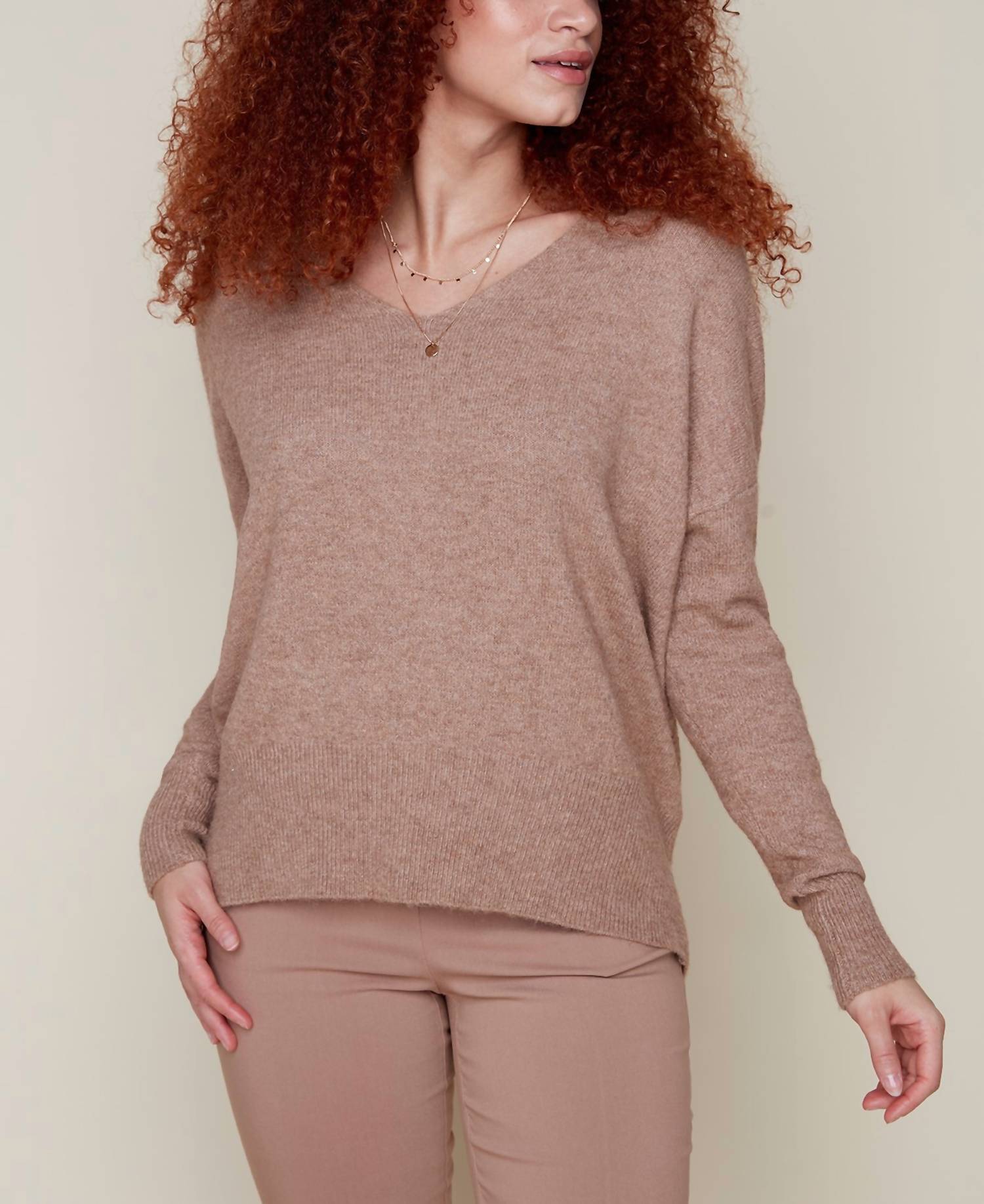 Renuar Knit V-Neck Sweater in heather tan - women's sweater