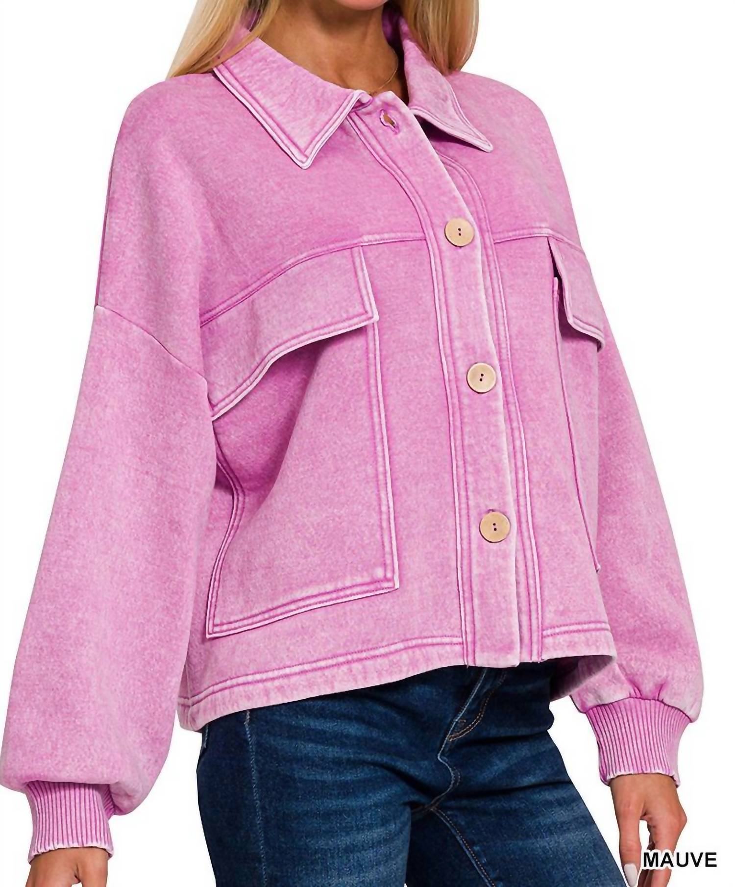 Zenana - Acid Wash Fleece Cropped Shacket With Front Pockets