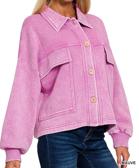 Zenana - Acid Wash Fleece Cropped Shacket With Front Pockets