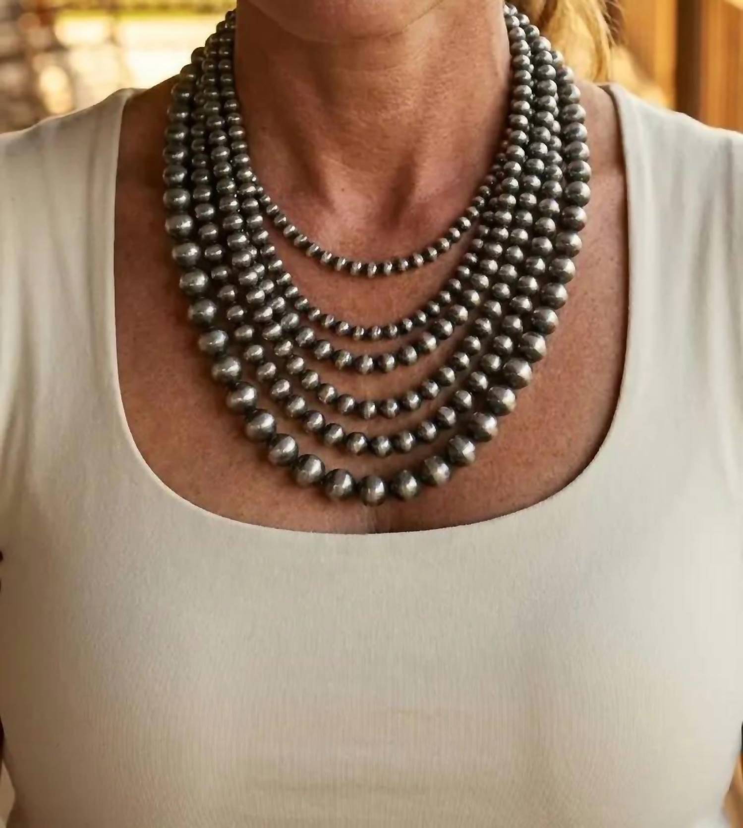 Tipi - Women's Western Six-row Faux Sterling Pearl Statement Necklace