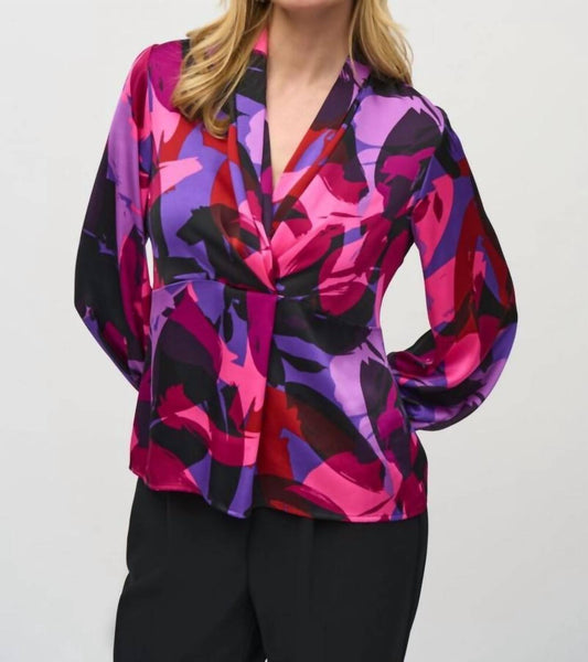 Joseph Ribkoff - Abstract Print Faux Wrap Satin Top